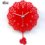 雅刻丽挂钟客厅现代简约石英钟创意时尚静音时钟红玫瑰花艺术钟表