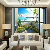 3D立体地中海窗户海景壁画沙发客厅卧室电视背景墙纸无缝整张壁纸