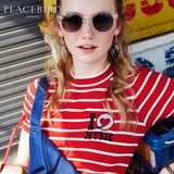 太平鸟女装2016夏季新品条纹修身简约刺绣针织衫 圆领短袖套头衫