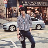 韩国夏款男装条纹七分袖修身衬衫男个性复古半袖衬衣男潮明星同款