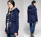 艾格周末 专柜正品代购2014韩版秋装新款中长款迷彩抽绳风衣外套