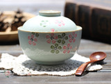 出口日本釉下彩绿色樱花葡萄陶瓷盖碗汤盅炖盅燕窝盅甜品盖碗蛋盅
