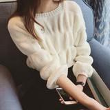 2016春季韩版纯色宽松短款针织衫女甜美泡泡长袖圆领套头毛衣