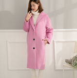 2015冬新款韩版粉紫色中长款茧型毛呢外套女宽松羊绒呢子大衣加厚