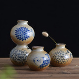 青花手绘鱼创意粗陶花插花瓶迷你陶瓷小花器和风装饰品水培花艺盆