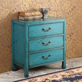 地中海斗柜实木复古做旧三斗柜美式蓝色玄关柜储物床头柜家具特价