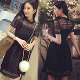 韩国代购女装2016夏季新款韩版蕾丝连衣裙黑色性感显瘦中长款裙子