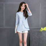 2016夏季新款韩版女装文艺范修身棉麻衬衫女式七分中袖亚麻上衣