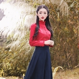 魅色妖娆 2016春秋女装复古蕾丝修身长袖衬衫红色上衣打底小衫女