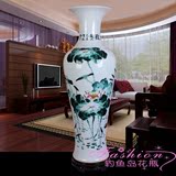 景德镇陶瓷花瓶手绘青花釉中彩荷花白色1米落地客厅大号新房摆件