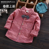 韩版婴儿童装0-1-2-3岁男童女童格子衬衫春秋装宝宝领结长袖衬衣
