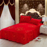 结婚庆大红色单件花边床裙席梦思床罩床套床单1.5m 1.8米床四件套