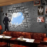 无缝3D砖纹破墙大型壁画 蓝天白云客厅卧室壁纸 餐馆咖啡店墙纸