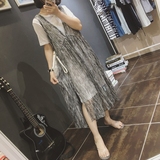 2016夏韩国东大门外贸短袖雪纺裙V领背心棉纱连衣裙两件套装1095