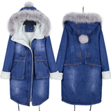 冬季新品韩版修身中长款带毛领连帽牛仔羊羔毛棉衣女棉服加厚外套