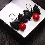 红色珍珠长款气质耳环个性蝴蝶结耳饰韩国进口时尚防过敏夸张耳坠