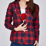 韩版磨毛格子衬衫女长袖 修身显瘦红色中年衬衣 翻领加厚打底衫