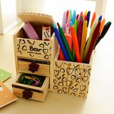 韩国咔巴熊创意文具 可爱实木笔筒 简约木质抽屉式桌面儿童收纳盒