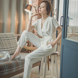 2016夏季韩国时尚气质短袖套装通勤OL职业收腰显瘦V领连体裤女