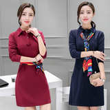 2016秋装新款韩版修身显瘦收腰红色长袖连衣裙中长款衬衣打底裙潮