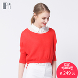 HPLY(荷比俪)2016春新款女圆领纯色宽松五分袖蝙蝠袖短款薄针织衫