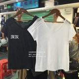 韩国原单外贸正品韩版显瘦V领短袖T恤女夏季薄款棉TEE镂空打底衫