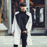 新款冬装韩国男装男士秋冬双色拼呢子加厚大衣韩版中长款毛呢外套
