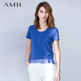 Amii[极简主义]圆领简约百搭黑色短袖开叉雪纺纯色修身棉T恤