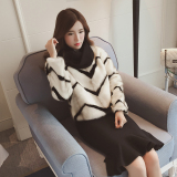 2015冬装新款韩版毛衣女套头短款宽松圆领长袖加厚仿皮草时尚条纹