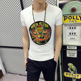 夏季新款中国风T恤男士短袖韩版修身个性复古龙刺绣半袖t恤男装潮