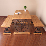 新款咖啡厅桌椅组合长方形户外休闲桌椅车轮创意复古铁艺实木