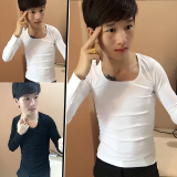 2016秋季韩版修身型低领T恤男大圆领紧身T恤男纯棉长袖打底衫潮流