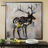 梅花鹿手绘油画 麋鹿抽象动物装饰画 现代欧式客厅卧室挂画美式画