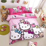 卡通全棉三/四件套 纯棉粉色猫咪床单被套 可爱女孩床上用品