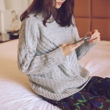 2015秋冬新款韩版半高领宽松套头毛衣女加厚蝙蝠袖镂空打底针织衫
