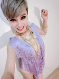 独家定制新款夜店爵士舞DJ女王歌手DS演出服紫色流苏肉色连体衣