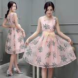 2016夏季新款女装大码无袖气质连衣裙修身中长款印花韩版显瘦裙子