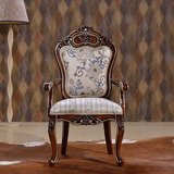 环宜家具 欧式新古典全实木雕花带软包扶手布餐椅 海绵软坐垫椅子
