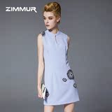 ZIMMUR2016夏季新款女装立领无袖简约时尚气质修身直筒连衣裙中裙