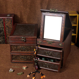 包邮仿古木质梳妆盒带镜首饰盒做旧木盒古董收纳盒拍摄道具礼物