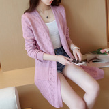 2016韩版女士秋装新款纯色百搭镂空中长款针织毛衣披肩口袋薄开衫