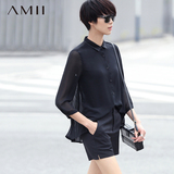 Amii[极简主义]2016春装新款夏季宽松长袖黑白色雪纺衬衫女士上衣