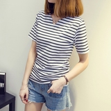 纯棉t恤女短袖韩国夏季黑白条纹t恤学生韩版女装上衣半截袖打底衫