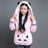 冬装女孩青年韩版连帽拼接针织长袖猫咪中长款加厚毛绒外套大衣潮