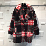 2015冬装新款同款红黑格子中长款欧美毛呢大衣外套大码女装加厚