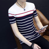 男士短袖t恤 男装条纹青少年半袖圆领小衫韩版修身青年潮学生体恤