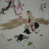 威海画家吴志刚四尺斗方(424)人物画儿童田园系列国画《牧歌》