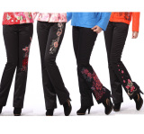 年终促销2014中式唐装女士修身保暖加厚微喇叭黑色女裤棉裤长裤