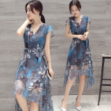 蘑菇街美丽夏季连衣裙通勤中腰套头单件韩版不规则裙短袖中长款