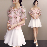 印花雪纺连衣裙两件套女夏装2016韩版中款大摆裙套装甜美公主裙子